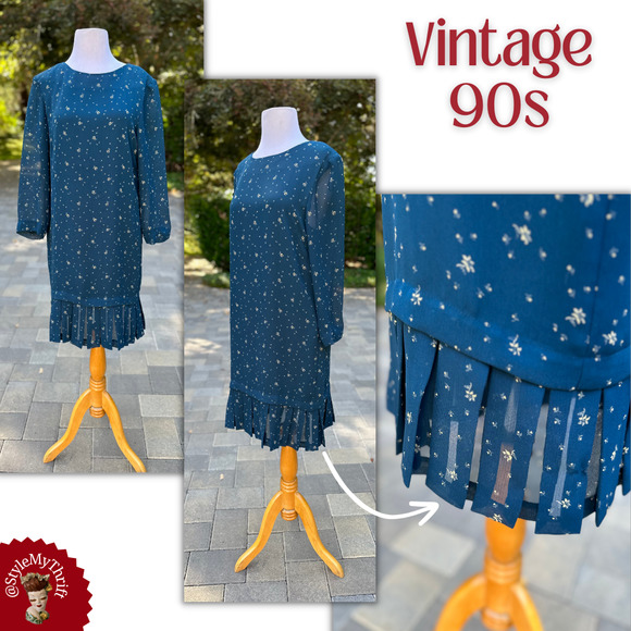 Vintage 90s Teal Drop Waist Dress Retro 20s 30s Fall Winter Modest Church Petite - Picture 1 of 13